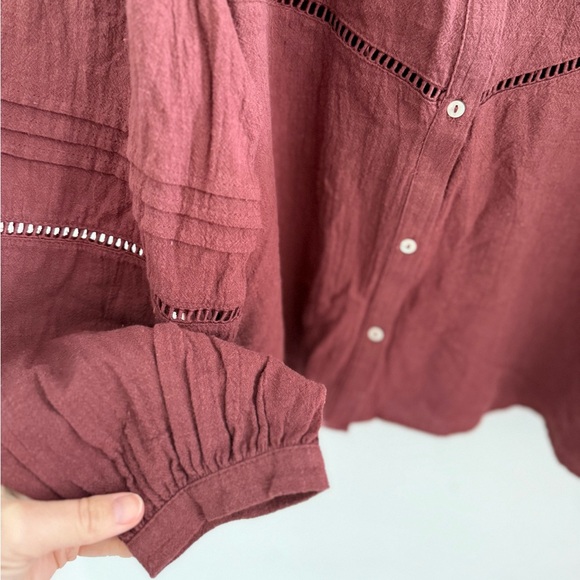 NWT Zara embroidered bib blouse in burgundy cotton - Picture 3 of 6